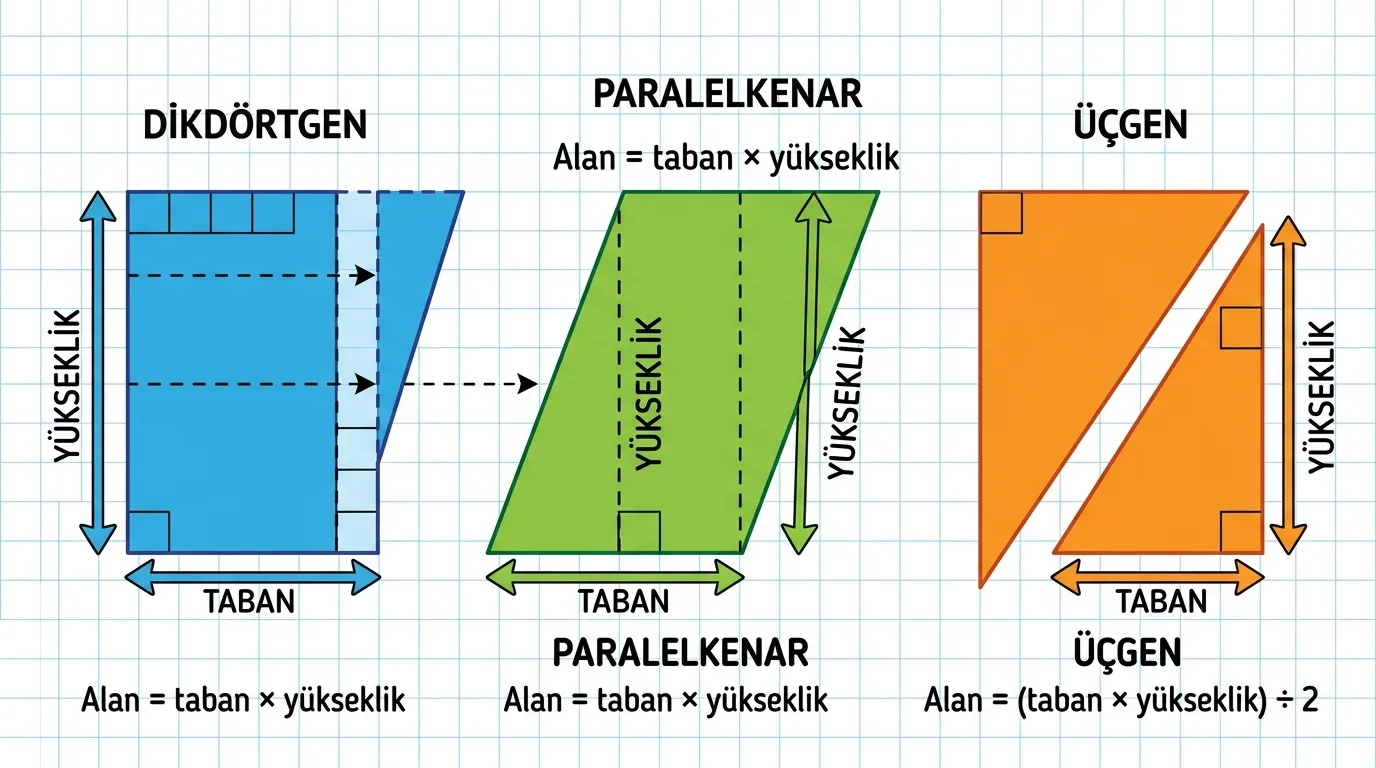 6. Sınıf Matematik Kareli zeminde dikdörtgen paralelkenar üçgen